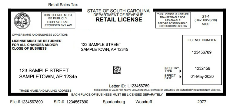 South Carolina Retail Tax License