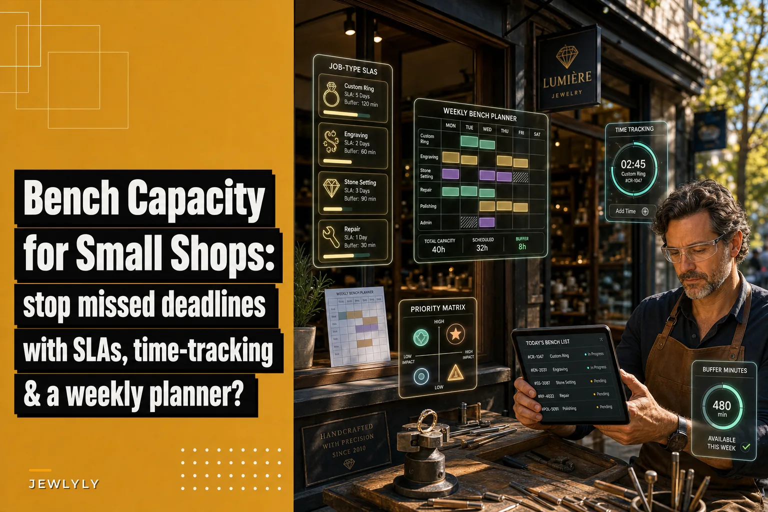 Bench capacity planning for small jewelry shops: SLAs, simple time-tracking and a weekly planner