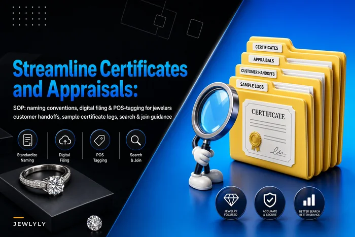 Certificate and appraisal workflows for jewelers: naming, digital storage and POS tagging for insurance-ready items