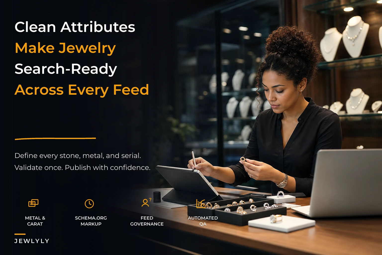 Jewelry product-data model for structured attributes and feeds