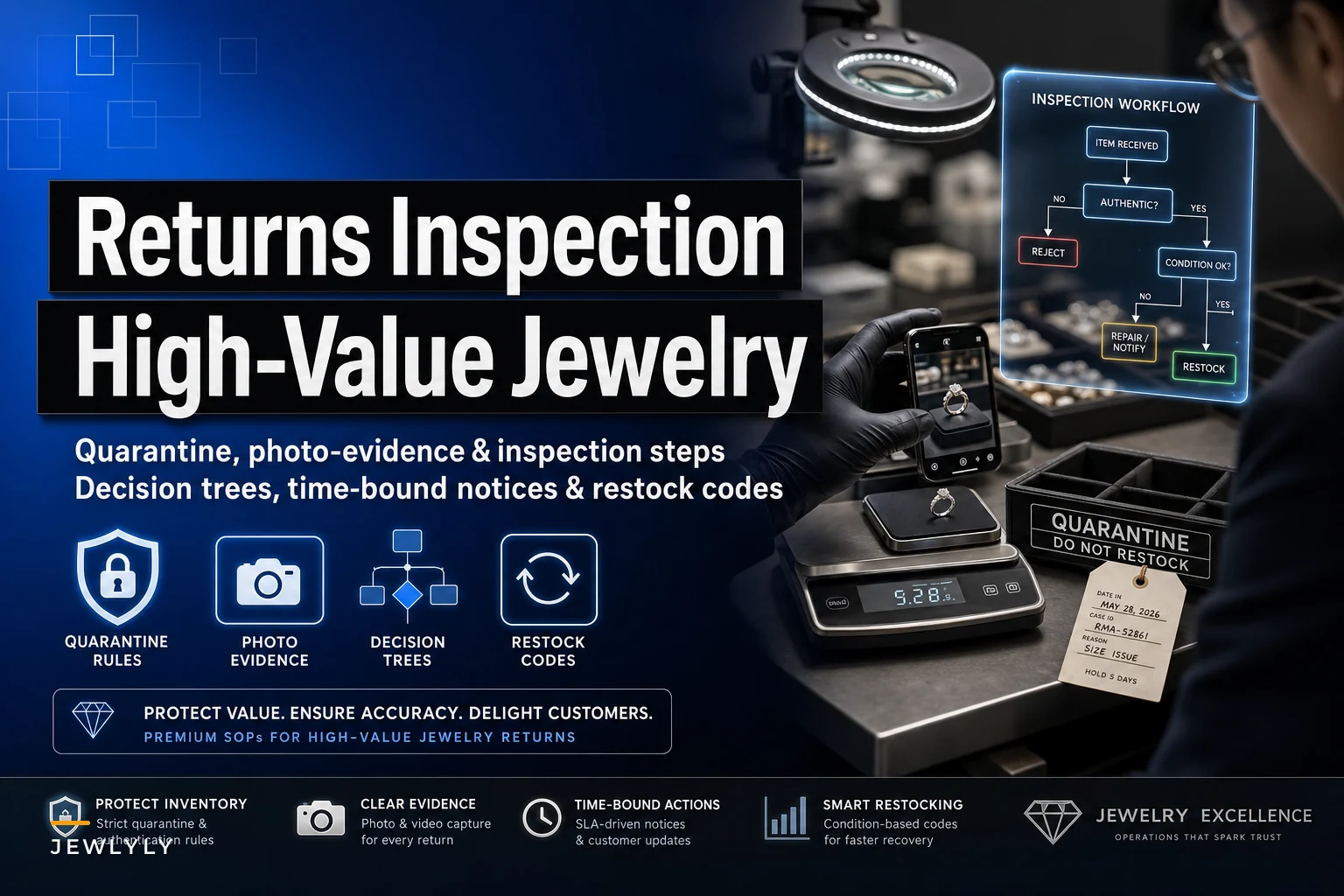 Returns inspection and restocking SOPs for high-value jewelry: quarantine rules, photo evidence and decision trees