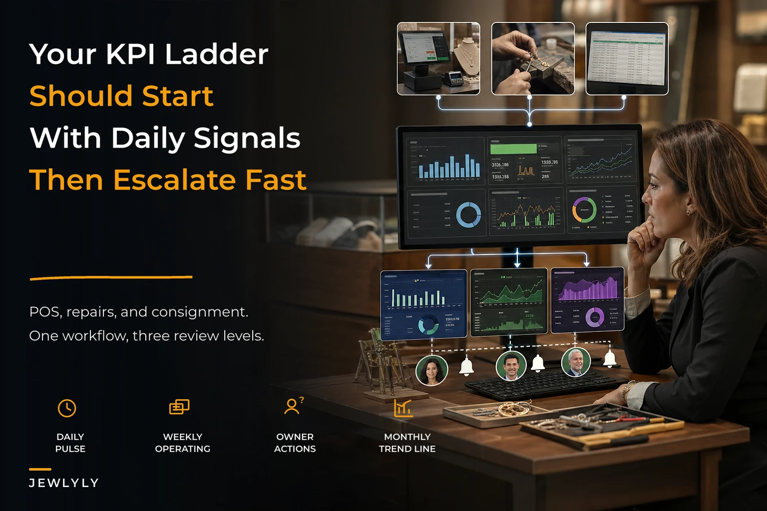 Tiered KPI dashboard for jewelers: combine POS, repair and consignment metrics with escalation rules