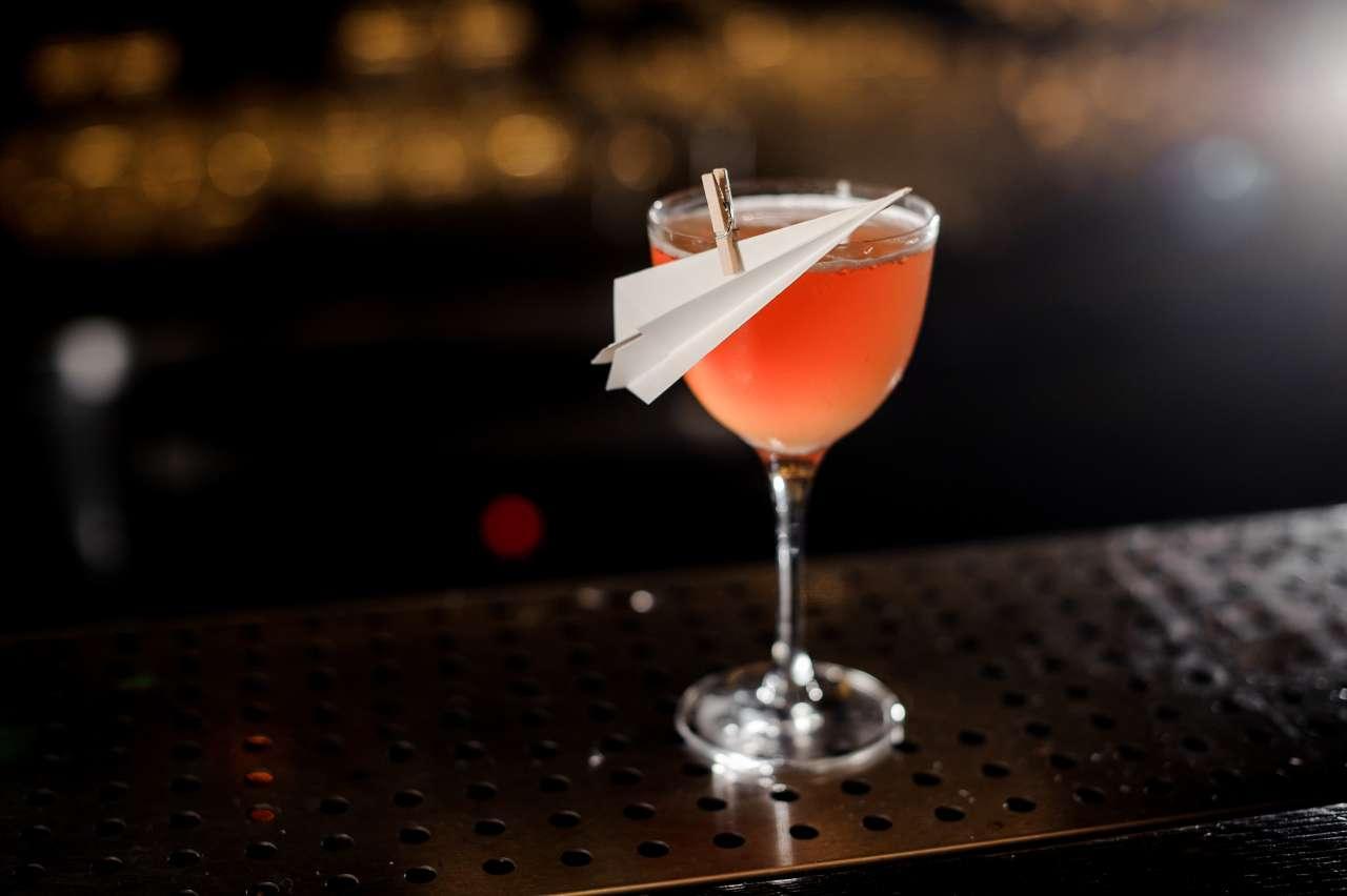 Paper Plane cocktail in a Nick & Nora glass