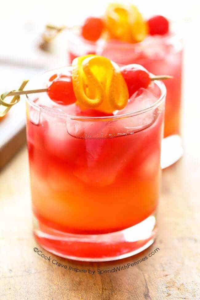 Malibu Bay Breeze cocktail in a lowball glass with tropical fruit garnish