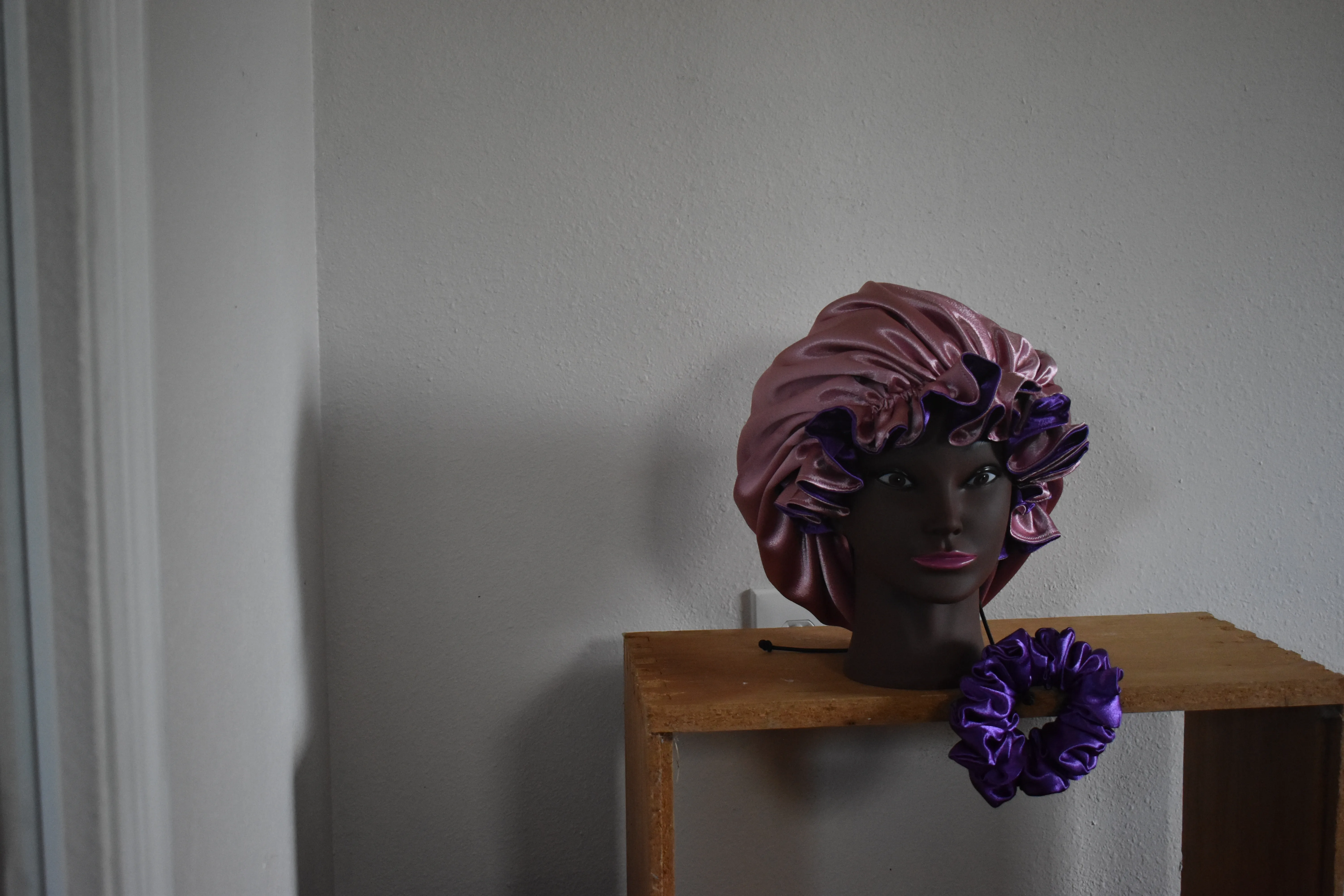 Luxury Rose Gold and Deep Purple Satin Bonnet Set photo 3