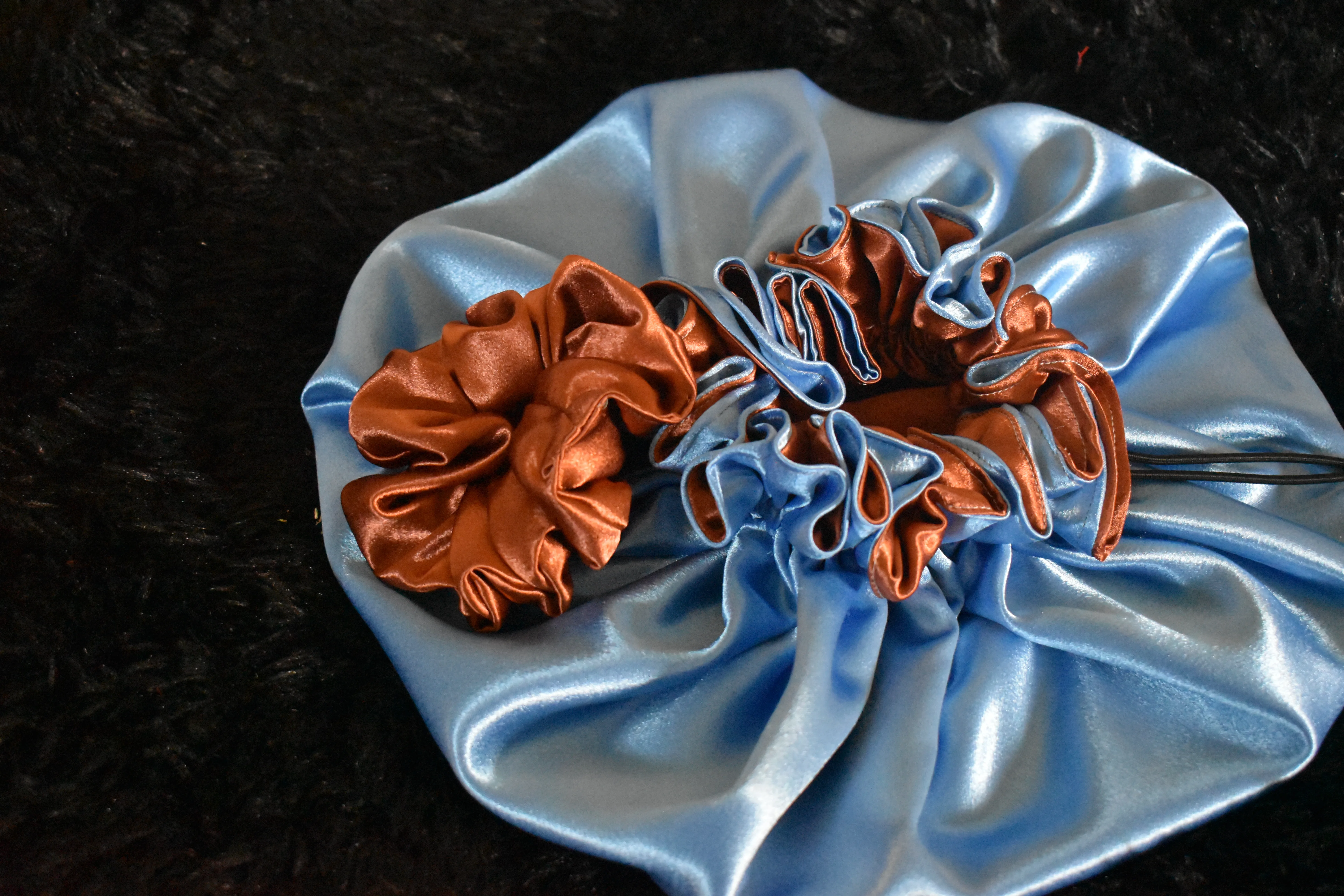 Luxury Blue and Bronze Satin Bonnet Set photo 4
