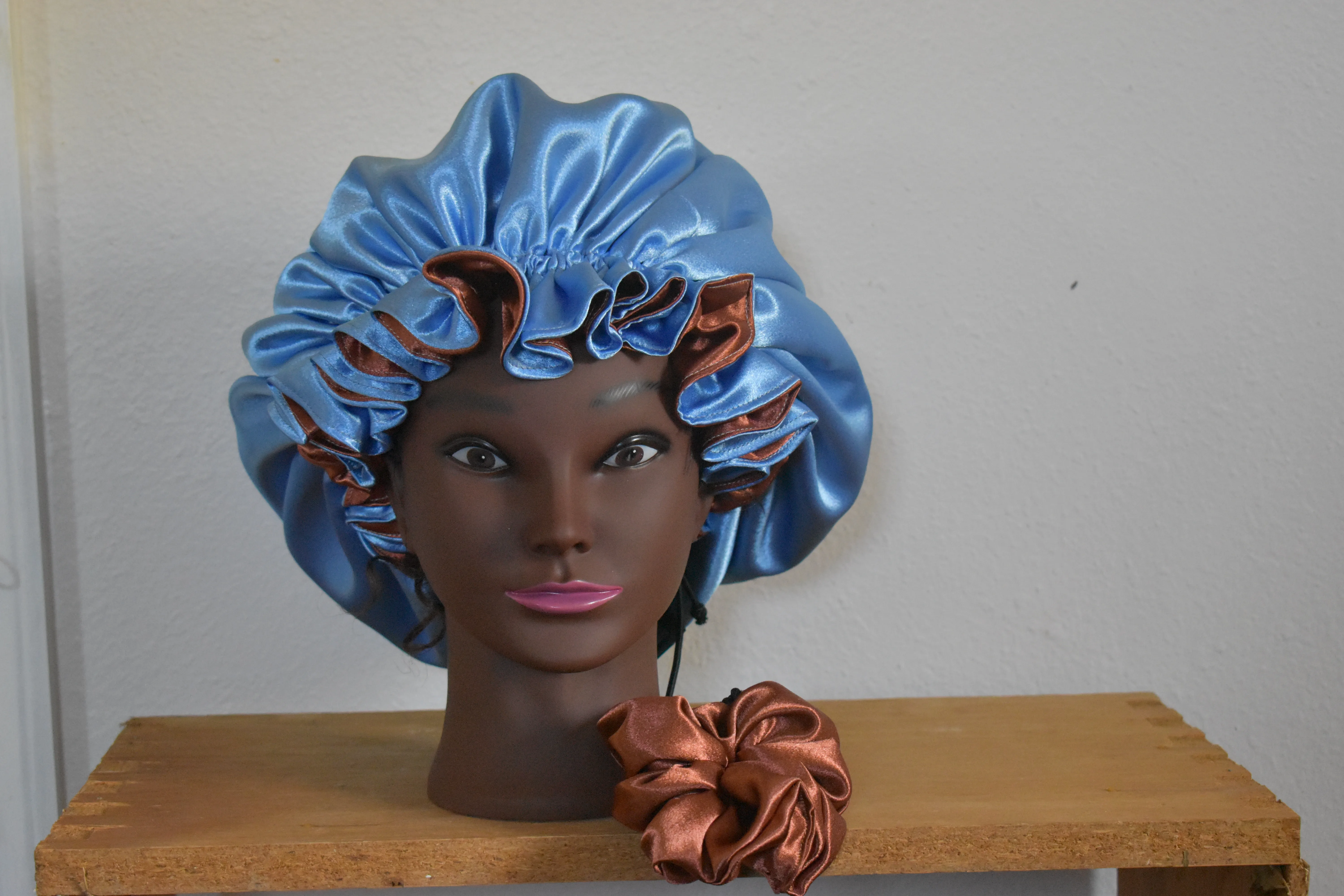 Luxury Blue and Bronze Satin Bonnet Set photo 2