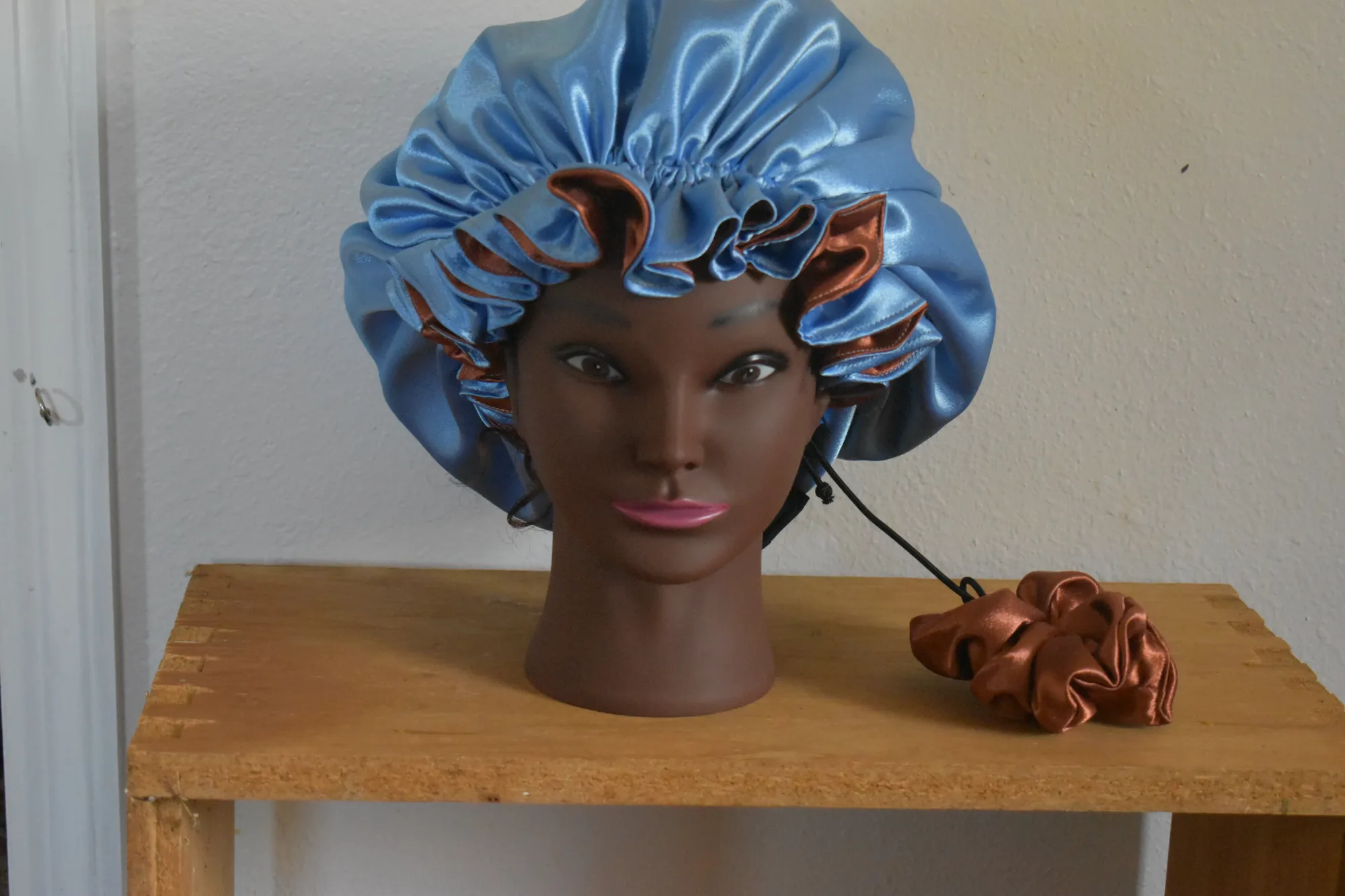 Luxury Blue and Bronze Satin Bonnet Set photo 3