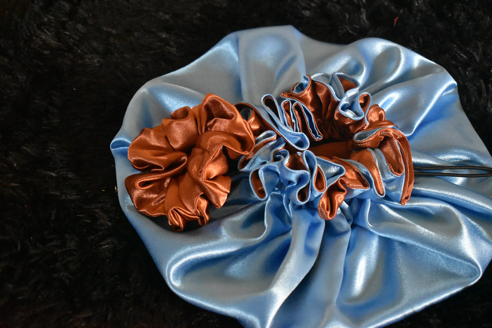 Luxury Blue and Bronze Satin Bonnet Set photo 4