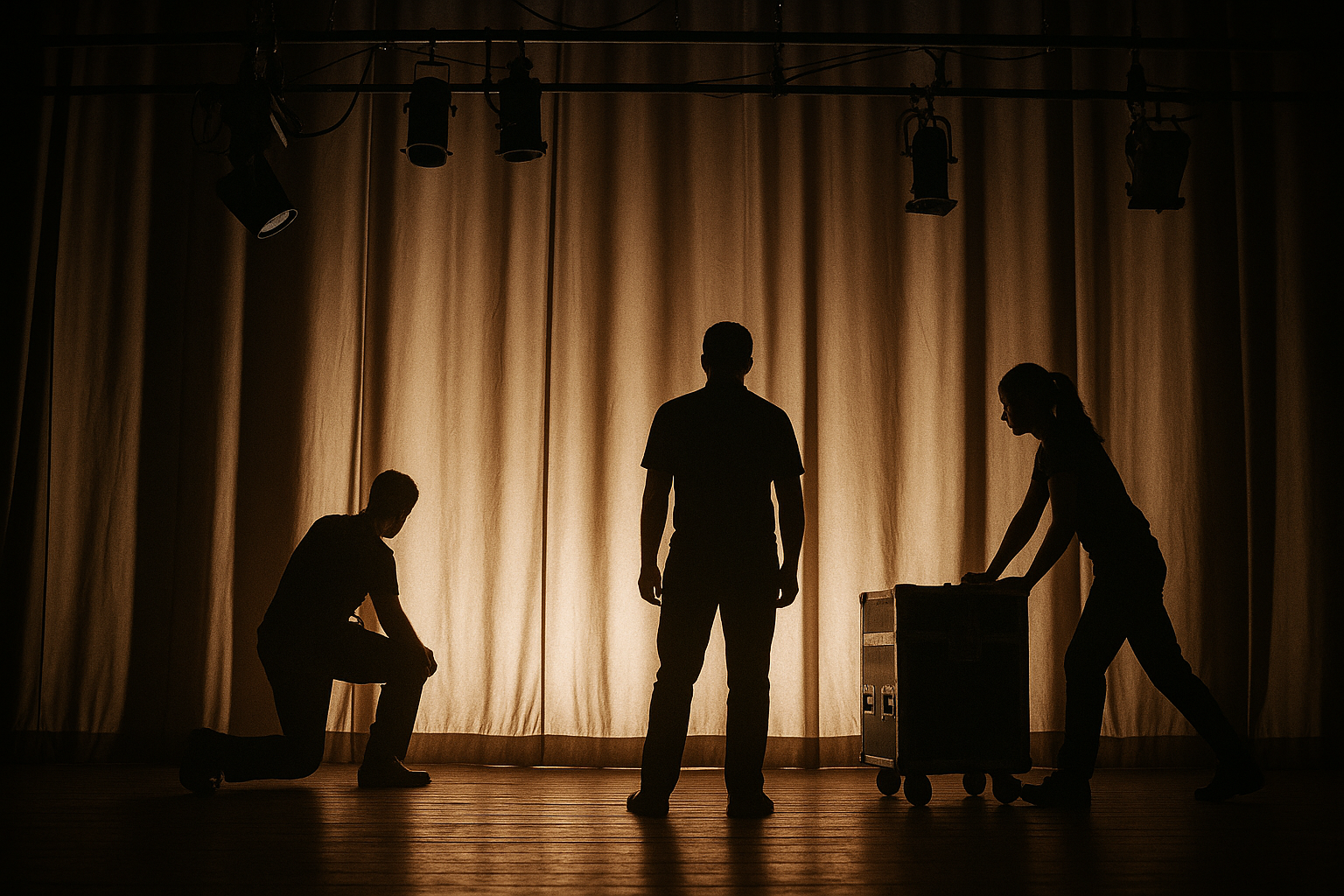 Three silhouetted stagehands work behind a curtain under stage lights, one kneeling, one standing, and one pushing a rolling equipment case, evoking backstage labor and preparation.