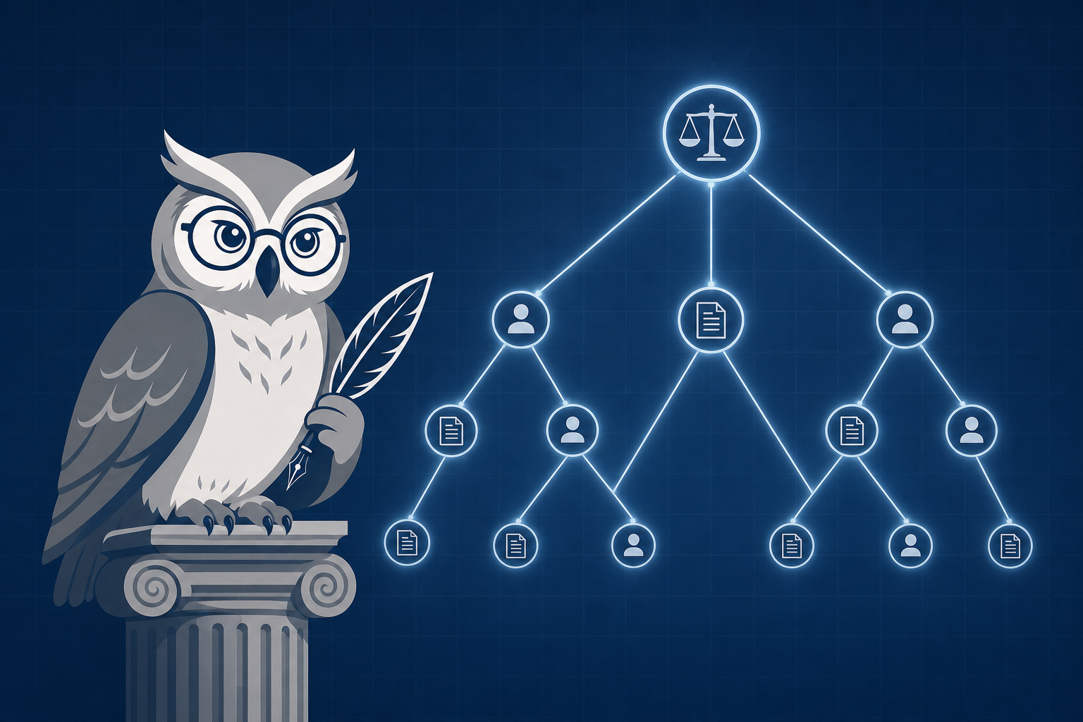 Wigmore the owl beside a glowing evidence chart mapping documents and witnesses up to the scales of justice