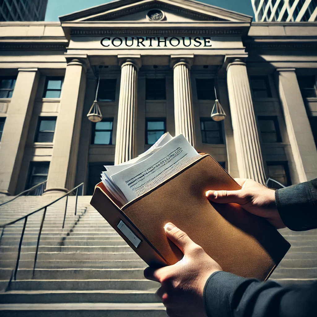 A first-person perspective of someone walking up courthouse steps, viewed from behind. The person’s hand tightly grips a closed manila folder with legal documents inside, symbolizing the act of filing a lawsuit. The courthouse doors loom ahead in bright, natural lighting.