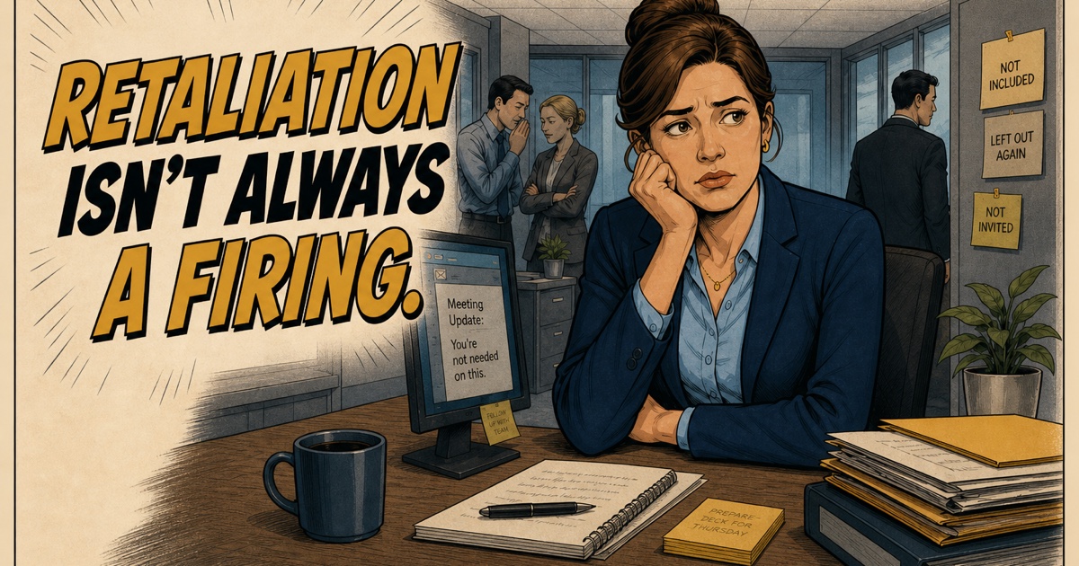 Comic-style illustration of a worker iced out at her desk with the headline "Retaliation isn't always a firing."