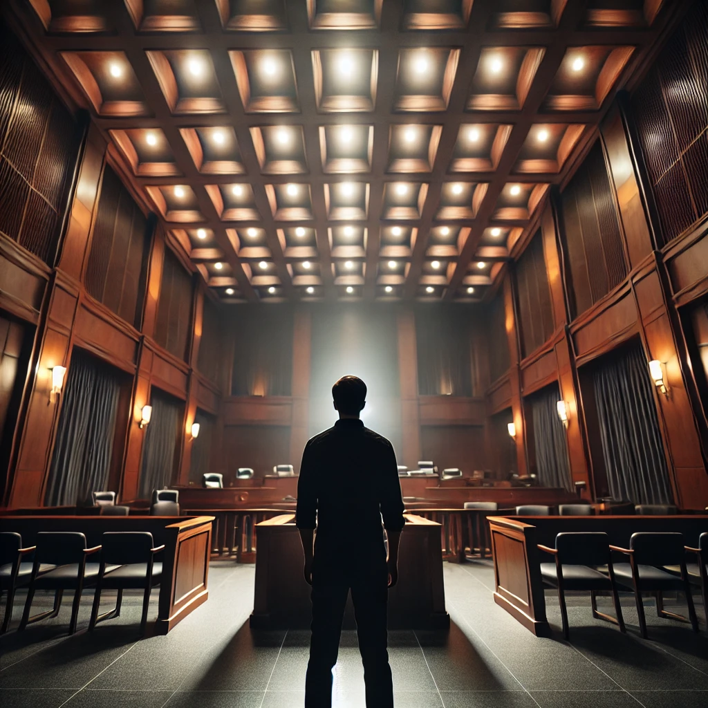 A lone individual stands in a courtroom facing the judge’s bench, viewed from behind. The large wooden courtroom and dim lighting emphasize the seriousness and isolation of representing oneself in a lawsuit.