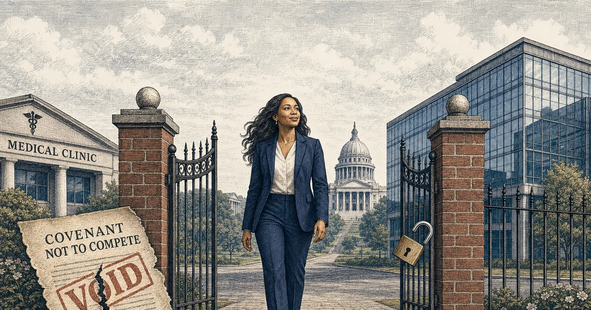 Professional woman walking through an unlocked wrought-iron gate past a voided covenant-not-to-compete document, with a medical clinic and office building behind her and the Virginia State Capitol on the horizon