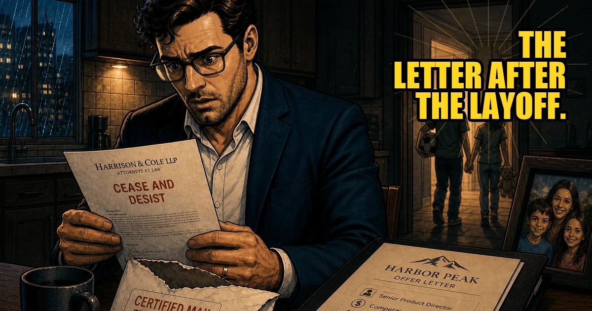 Comic-style illustration of a worker reading a cease-and-desist after layoff; headline "The letter after the layoff."