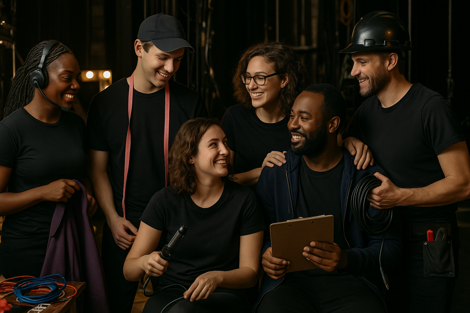 Six diverse backstage crew members from various departments—wardrobe, props, hair & makeup, electric, audio, and fly rail—smiling together in a candid backstage moment, symbolizing solidarity and inclusion in the settlement class.