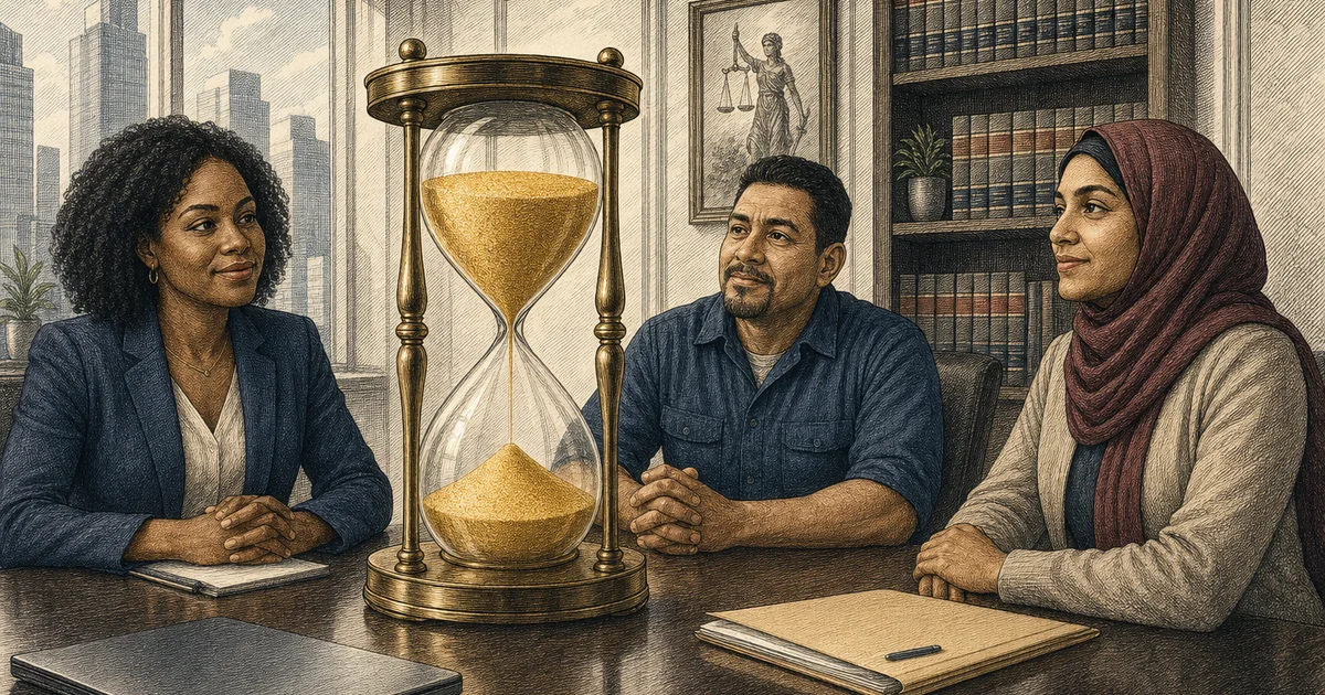 Three diverse workers at a law office conference table beside a large hourglass with its upper chamber full, illustrating Virginia's longer VHRA filing window