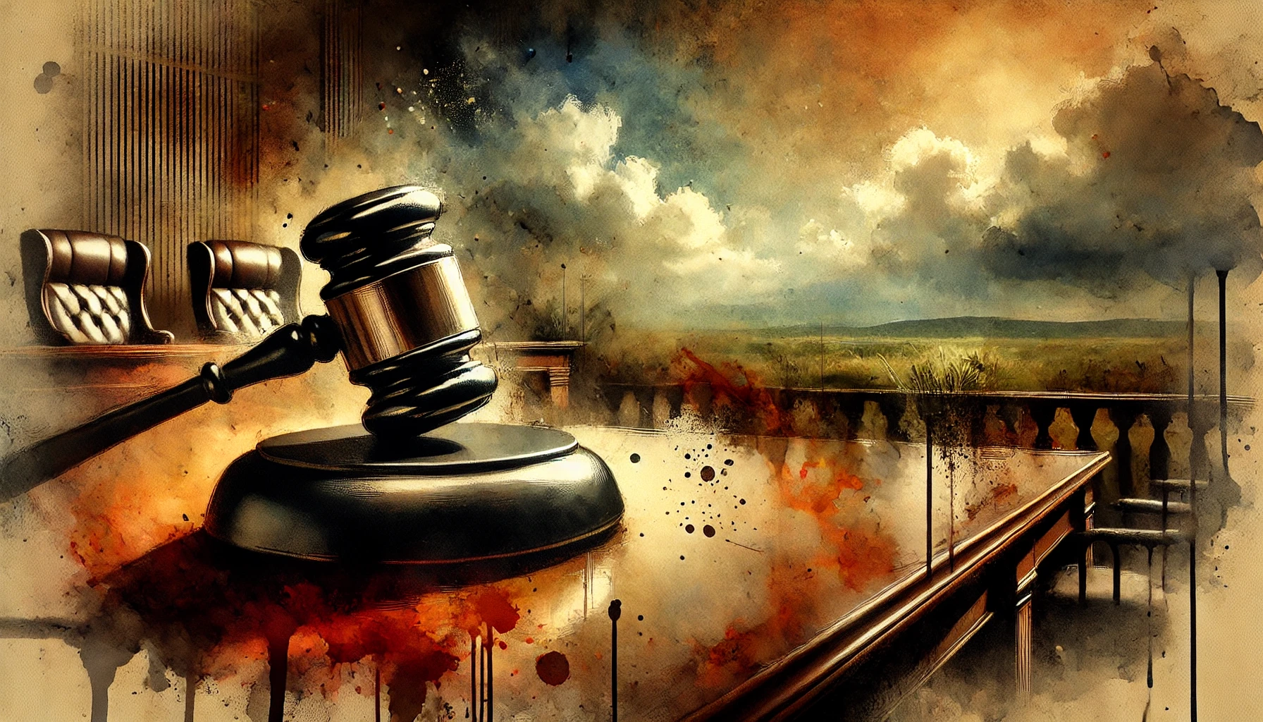 A dramatic and artistic rendering of a gavel in a courtroom, with an intense, warm-toned backdrop. The image features a close-up of the gavel on a sound block, with blurred judge’s chairs and a scenic view of clouds and rolling hills visible in the background. Splashes of color and abstract effects evoke a sense of tension and authority.