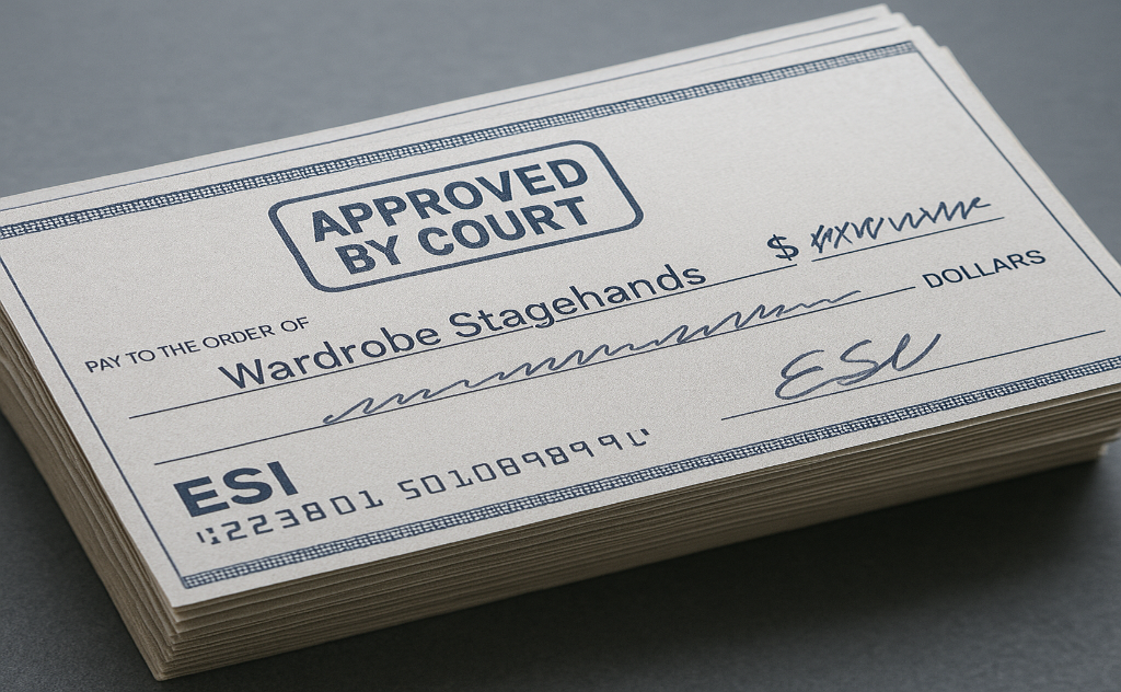 A representation of court-approved settlement checks made out to the wardrobe stagehands.
