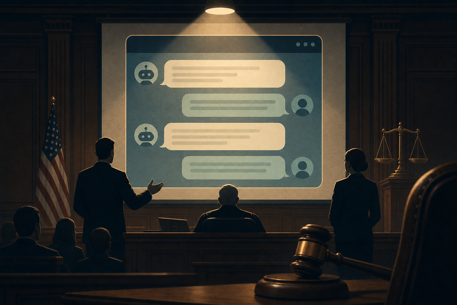 A chat conversation displayed on a courtroom evidence screen, illustrating that AI chats can become evidence