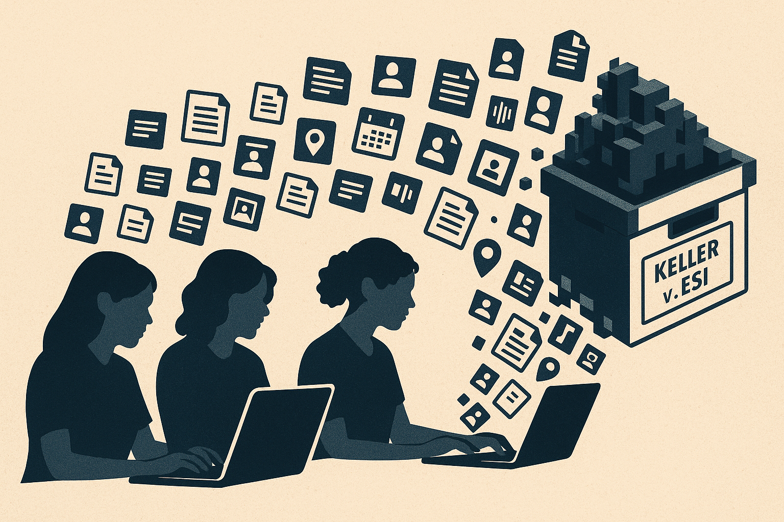 Illustration of three silhouetted women working on laptops, with icons of documents, witness profiles, calendar entries, and location pins streaming into a pixelated storage box labeled “Keller v. ESI,” symbolizing collaborative legal case-building.
