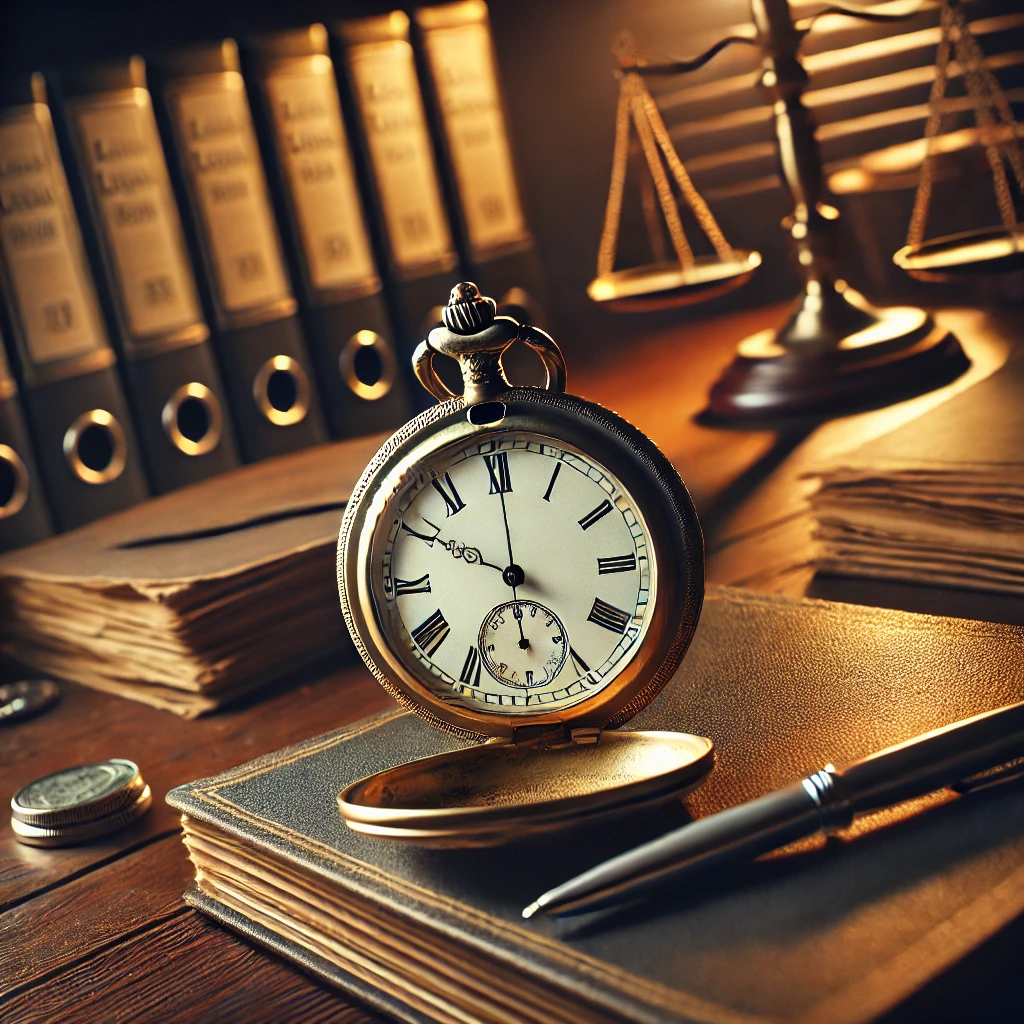 A close-up of an antique pocket watch ticking toward midnight, resting on a legal desk with closed folders and a pen nearby. The image symbolizes the urgency of filing an employment discrimination lawsuit before the EEOC Right to Sue deadline.