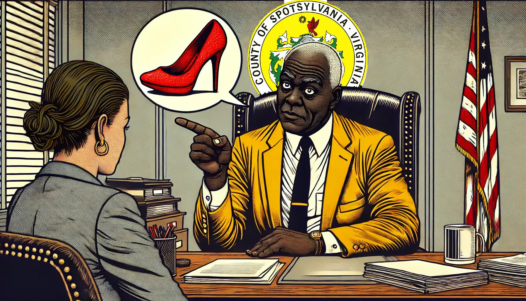 A cartoon depicting a man in a business suit sitting behind a desk in an office with the County of Spotsylvania seal behind him. He points at a younger female employee sitting across from him. A speech bubble above him contains an image of a high-heeled shoe, symbolizing his demand that she wear pumps to the office because she is a woman. The setting includes official documents, a U.S. flag, and a professional office environment.