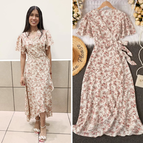 Cliente usando vestido celeste