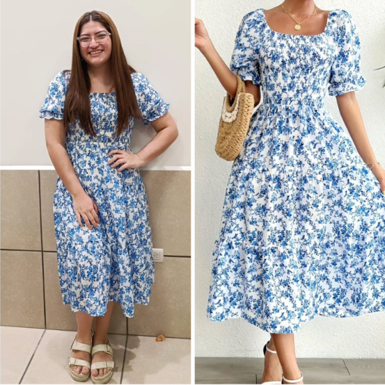 Cliente usando vestido azul