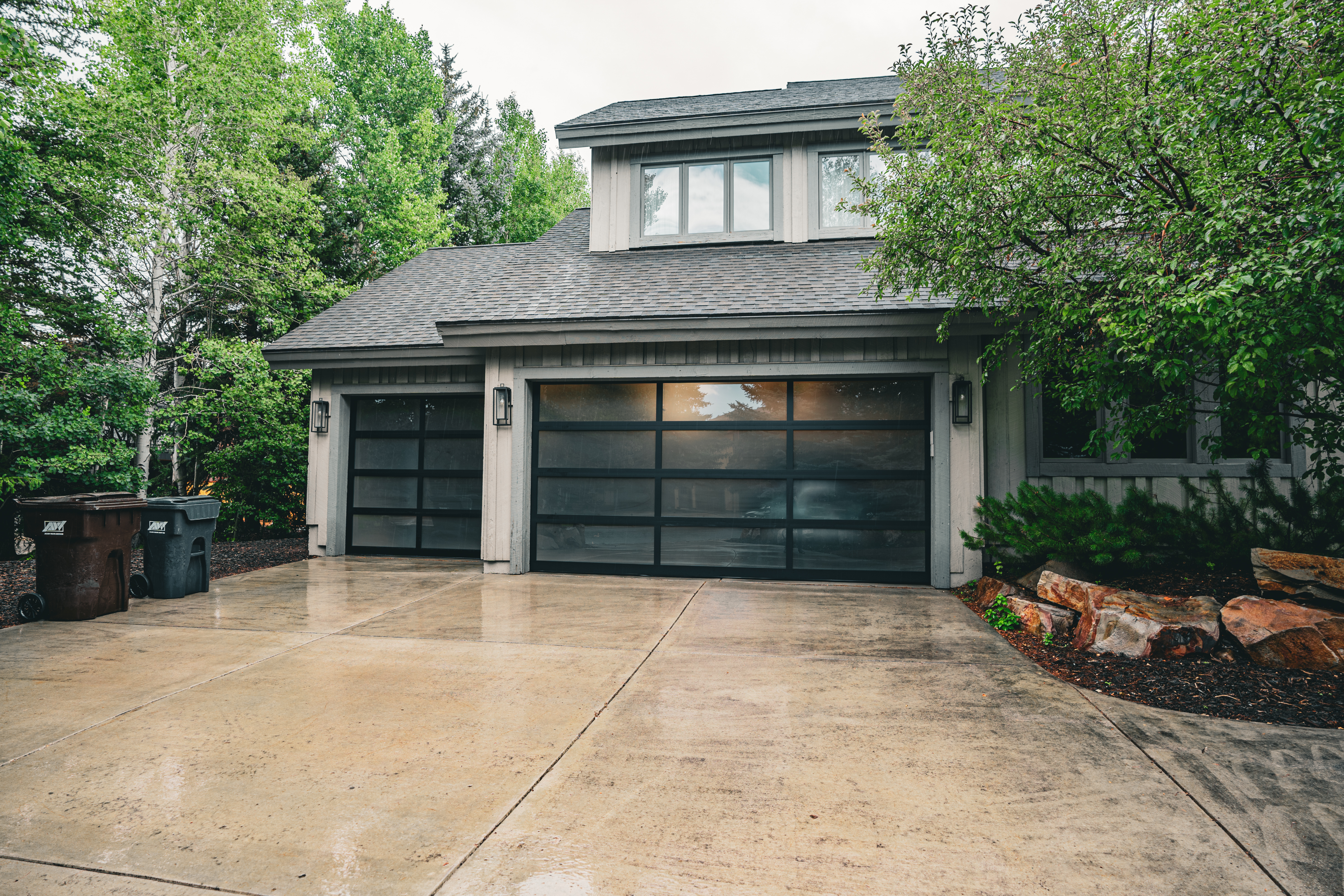 Modern glass garage door installation project in Orem