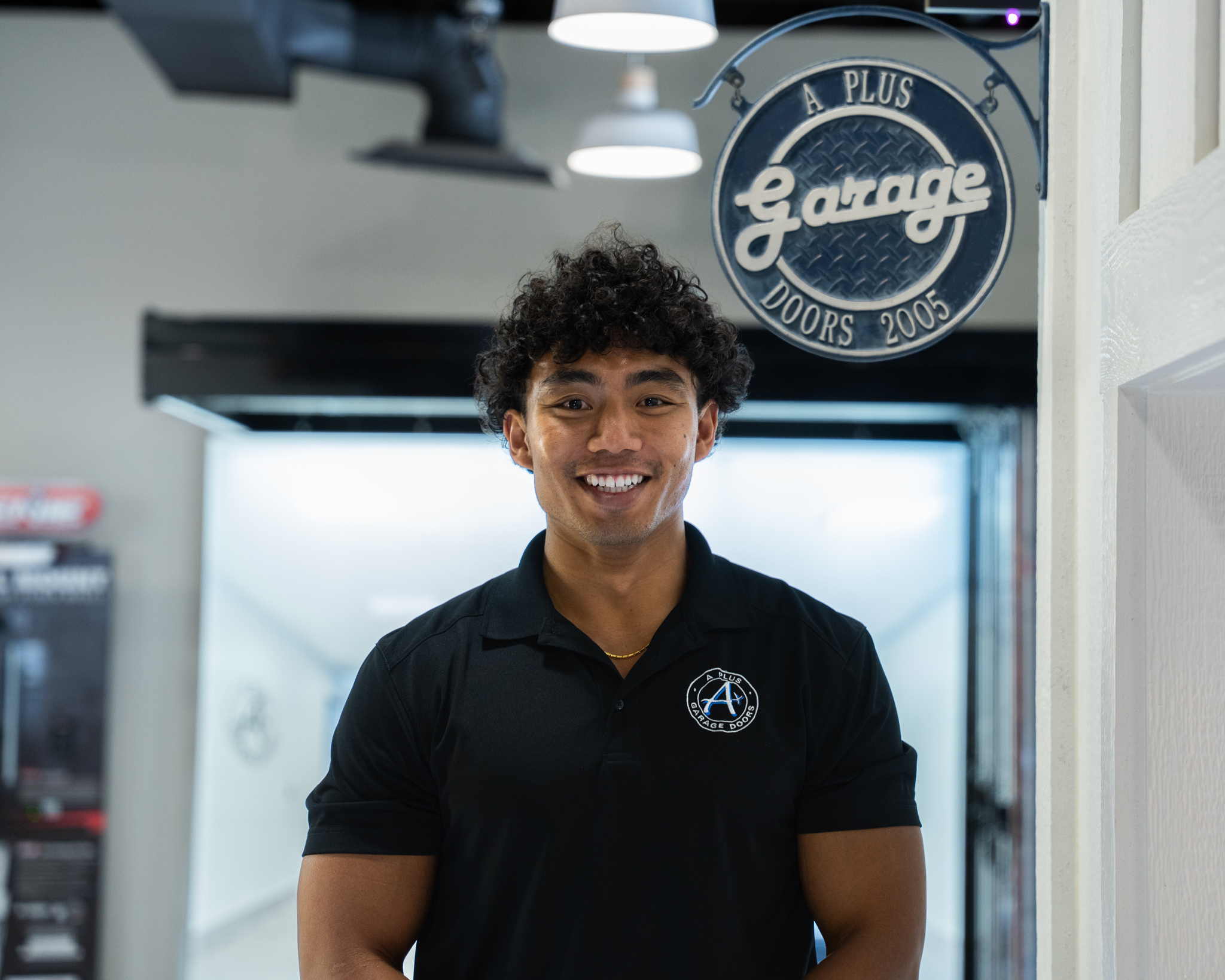 Garage door showroom interior with display samples