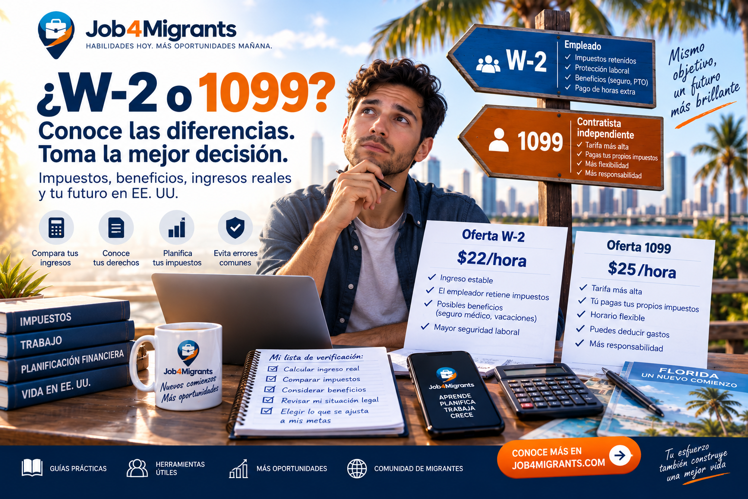 W-2 o 1099 en Estados Unidos — Cómo comparar salarios, impuestos y condiciones laborales