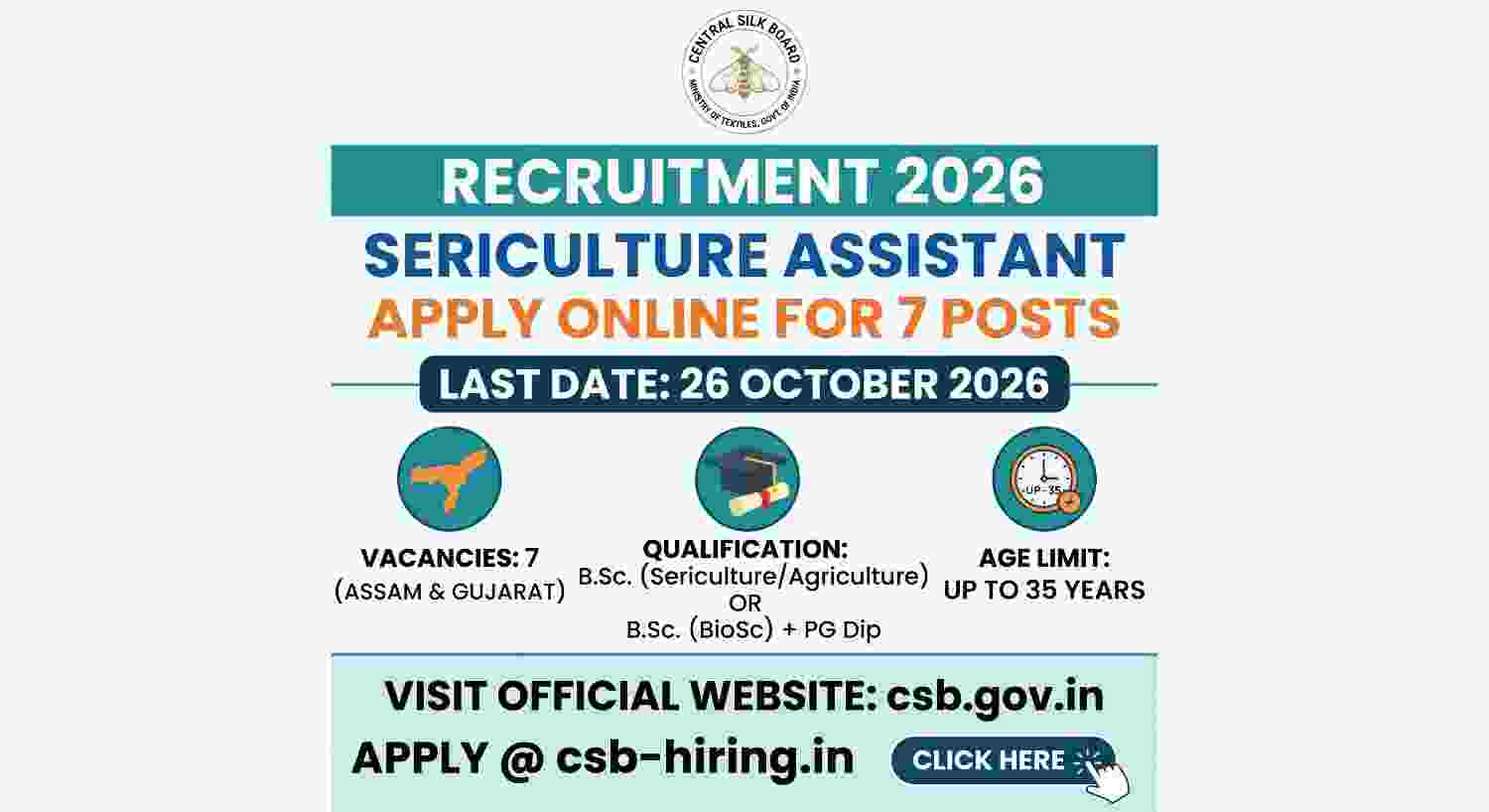 Central Silk Board Sericulture Assistant Recruitment 2026 – Apply Online for 7 Posts