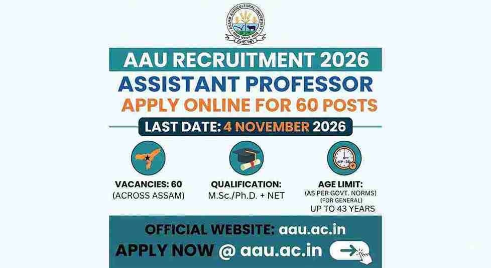 Assam Agricultural University Assistant Professor Recruitment 2026 – Apply Online for 60 Posts
