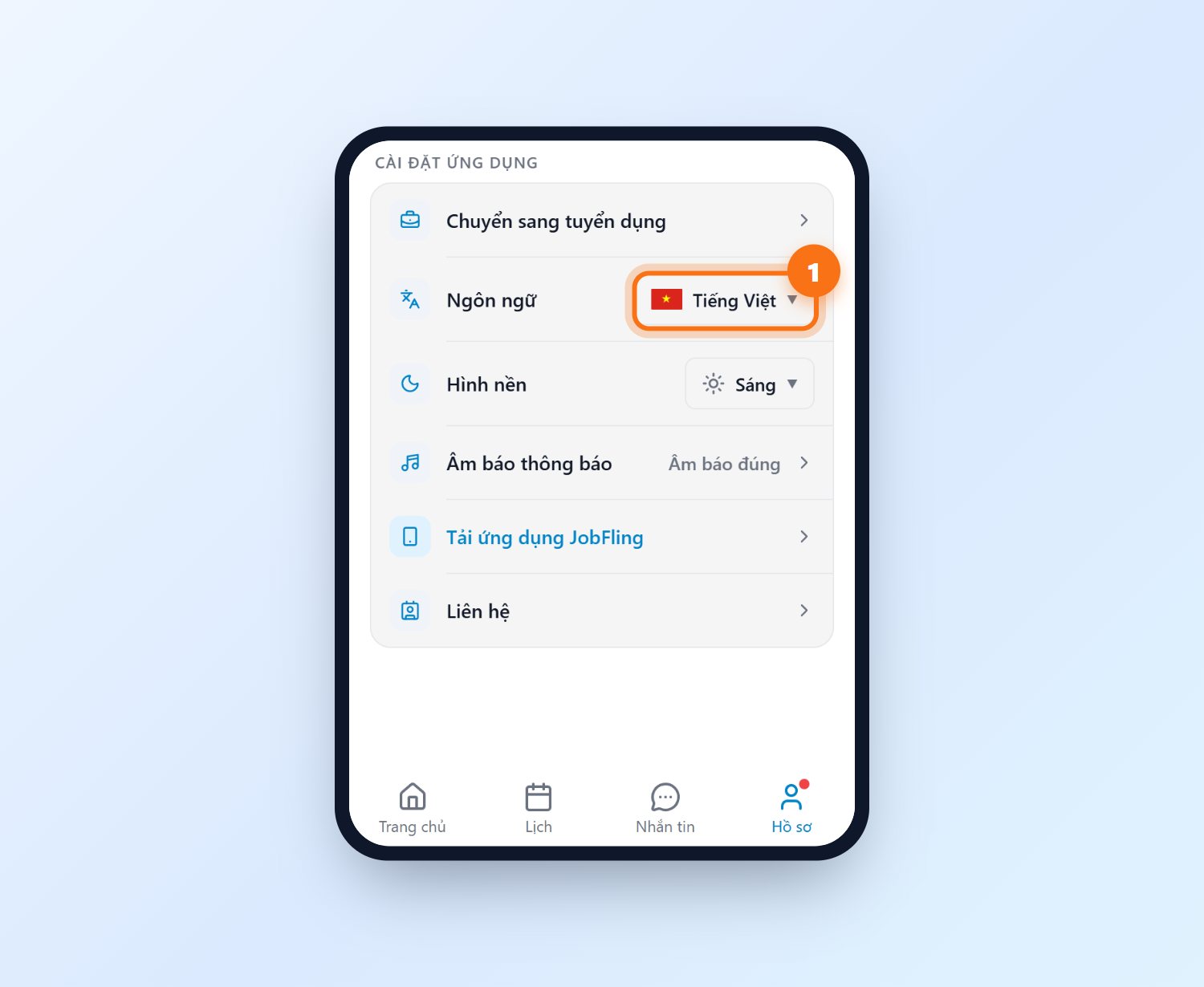 Dòng Ngôn ngữ trong mục Cài đặt ứng dụng của app JobFling