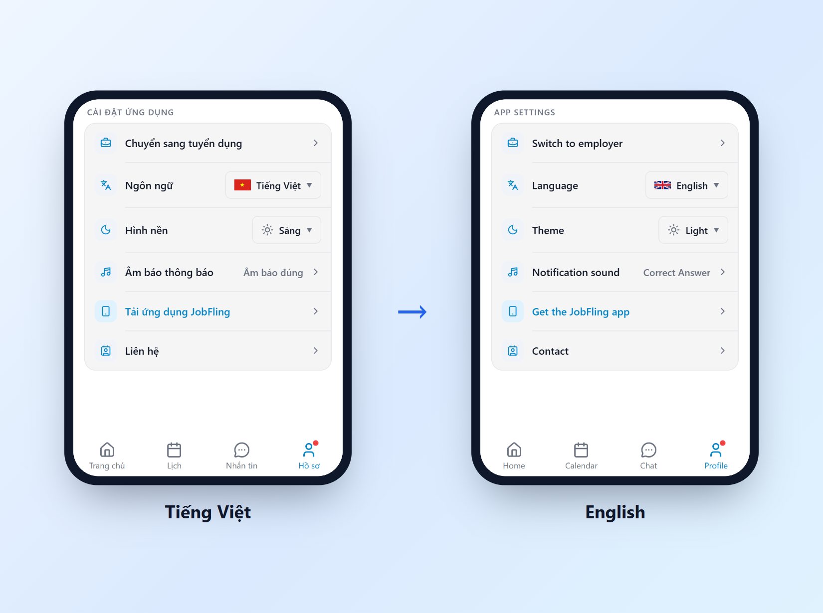 Cài đặt ứng dụng trước và sau khi đổi từ Tiếng Việt sang English