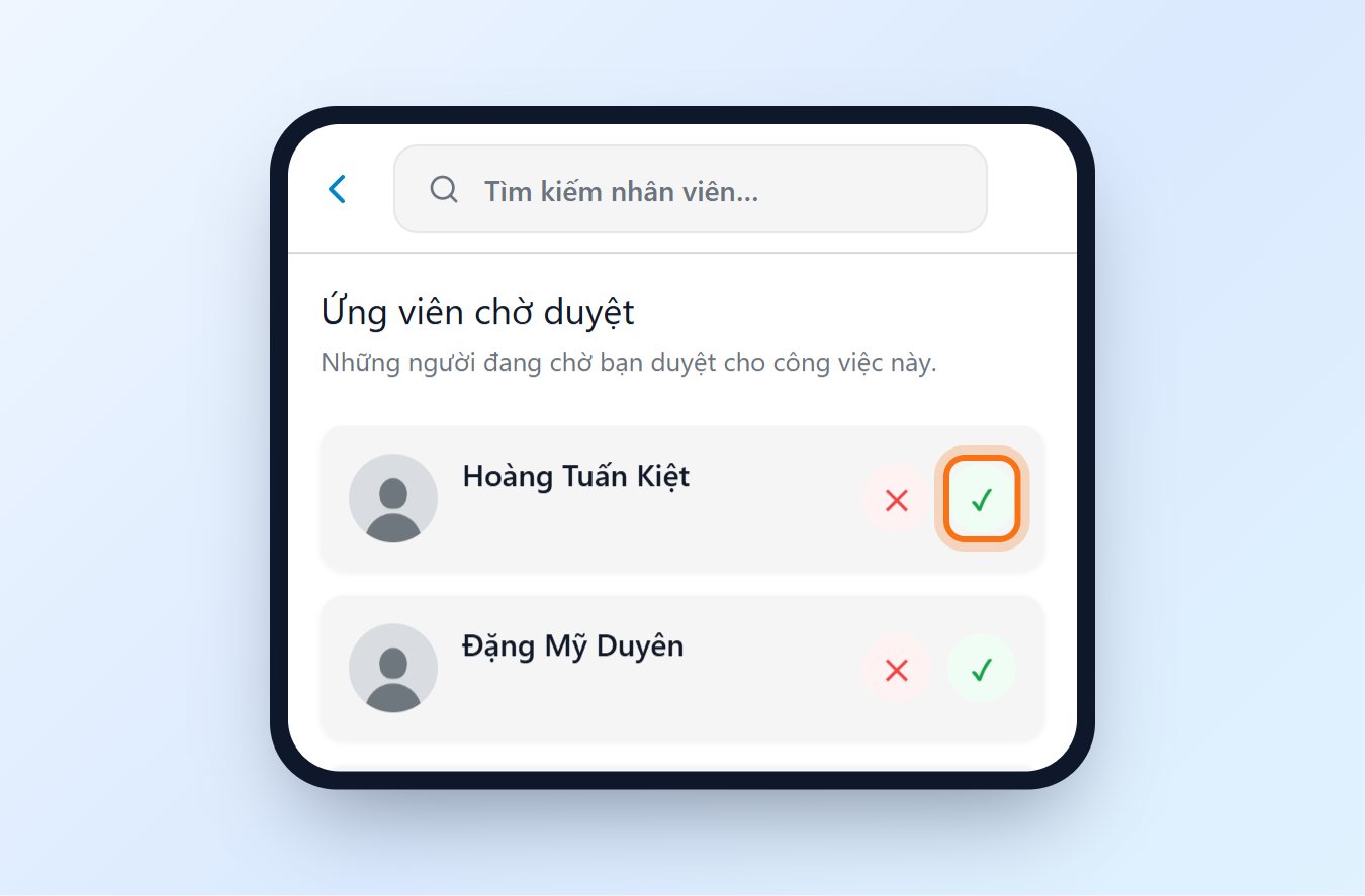 Danh sách ứng viên chờ duyệt với nút duyệt và từ chối