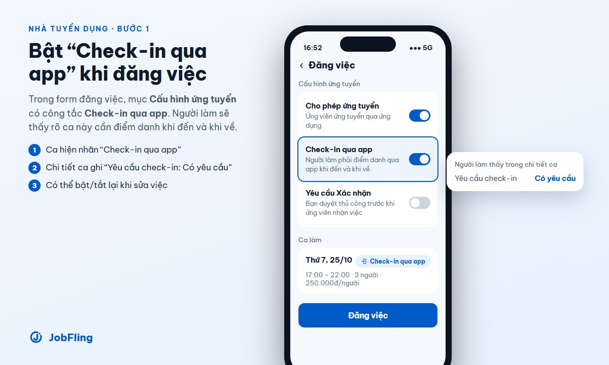 Công tắc Check-in qua app trong mục Cấu hình ứng tuyển khi đăng việc trên JobFling