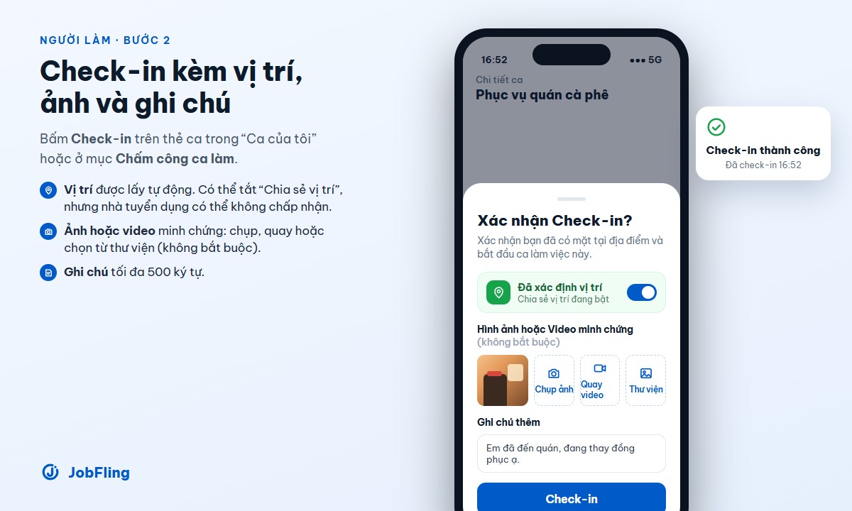Hộp Xác nhận Check-in trên JobFling với vị trí, ảnh/video minh chứng và ghi chú