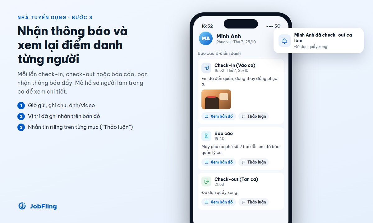 Nhà tuyển dụng xem mục Báo cáo và Điểm danh của một người làm trên JobFling