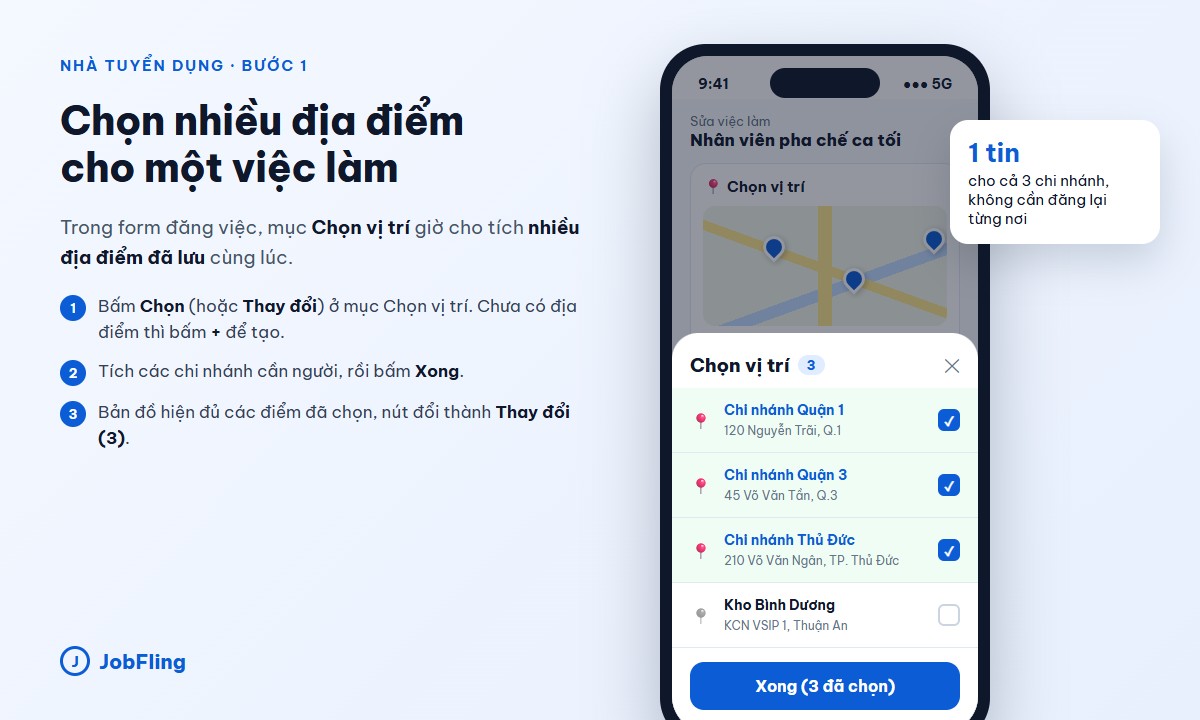 Chọn nhiều địa điểm đã lưu cho một việc làm trong mục Chọn vị trí trên JobFling