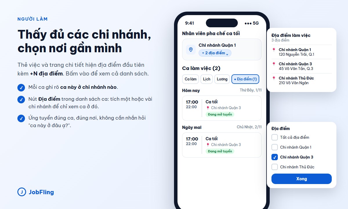 Người làm xem danh sách địa điểm của việc và lọc ca theo chi nhánh trên JobFling