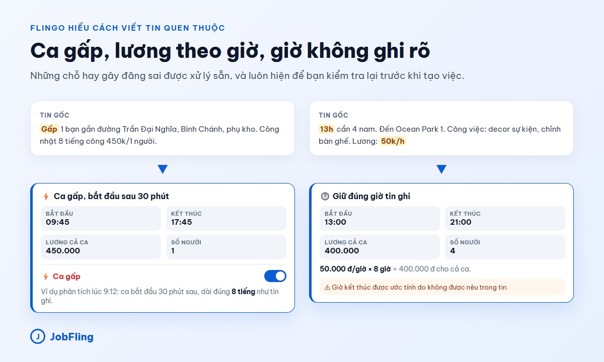 Ví dụ trợ lý AI JobFling xử lý tin tuyển gấp và lương theo giờ