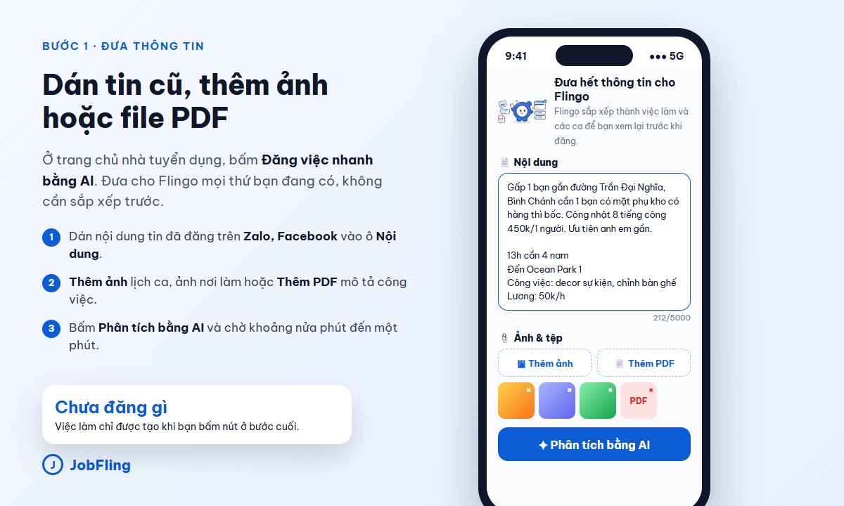 Màn hình Trợ lý AI đăng việc trên JobFling: dán nội dung tin tuyển dụng, thêm ảnh và file PDF