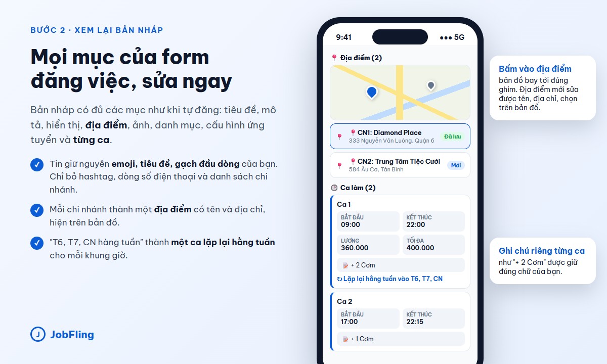 Bản nháp của trợ lý AI trên JobFling: địa điểm trên bản đồ và các ca làm lặp lại hằng tuần