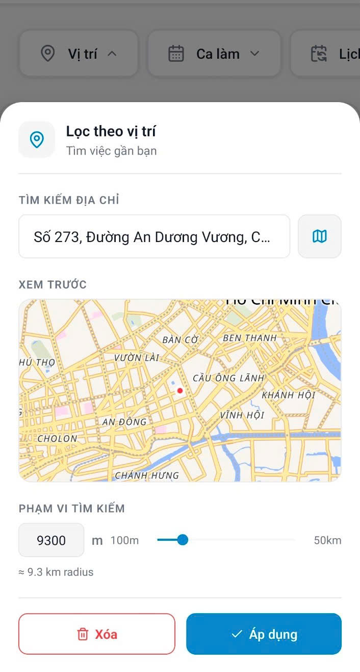 Bộ lọc vị trí với bản đồ xem trước và thanh kéo bán kính