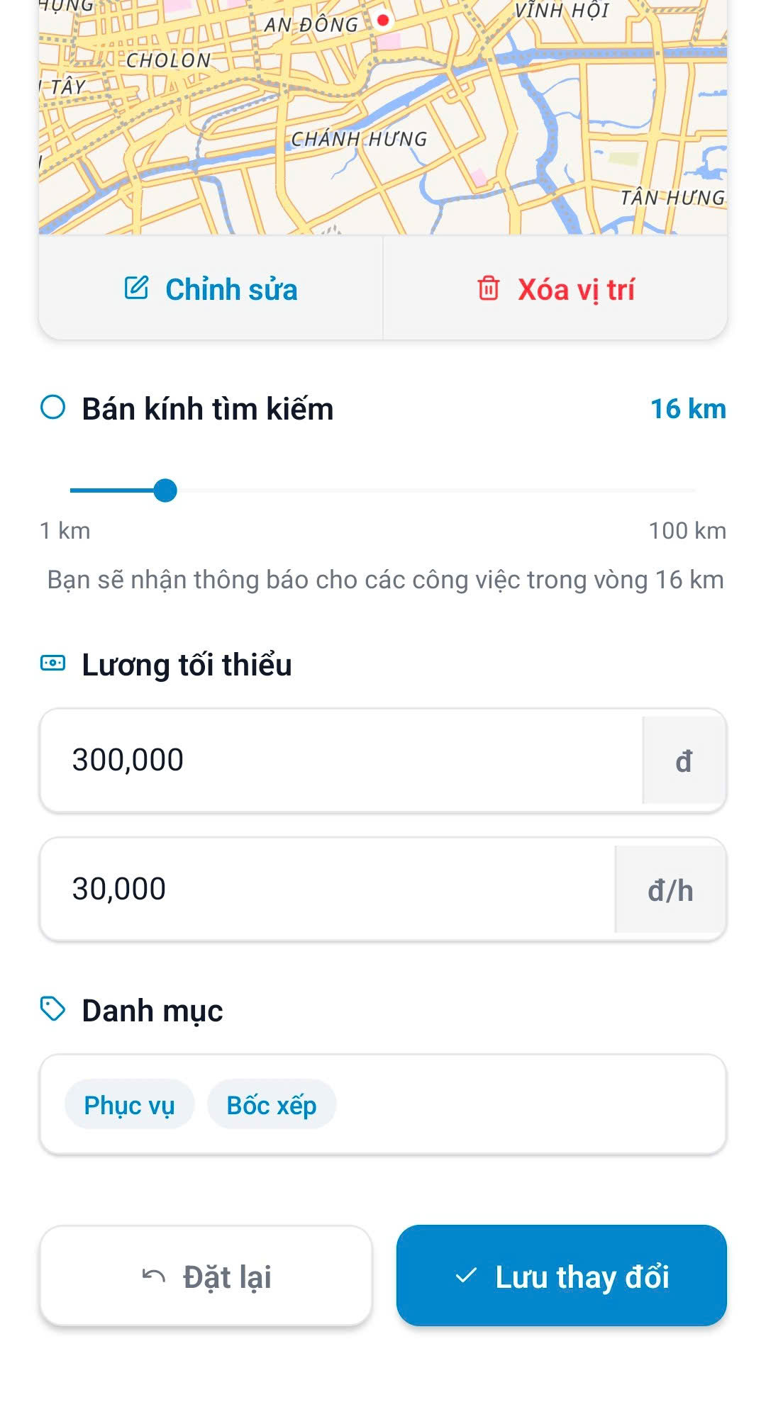 Cài đặt lương tối thiểu và danh mục trong thông báo công việc