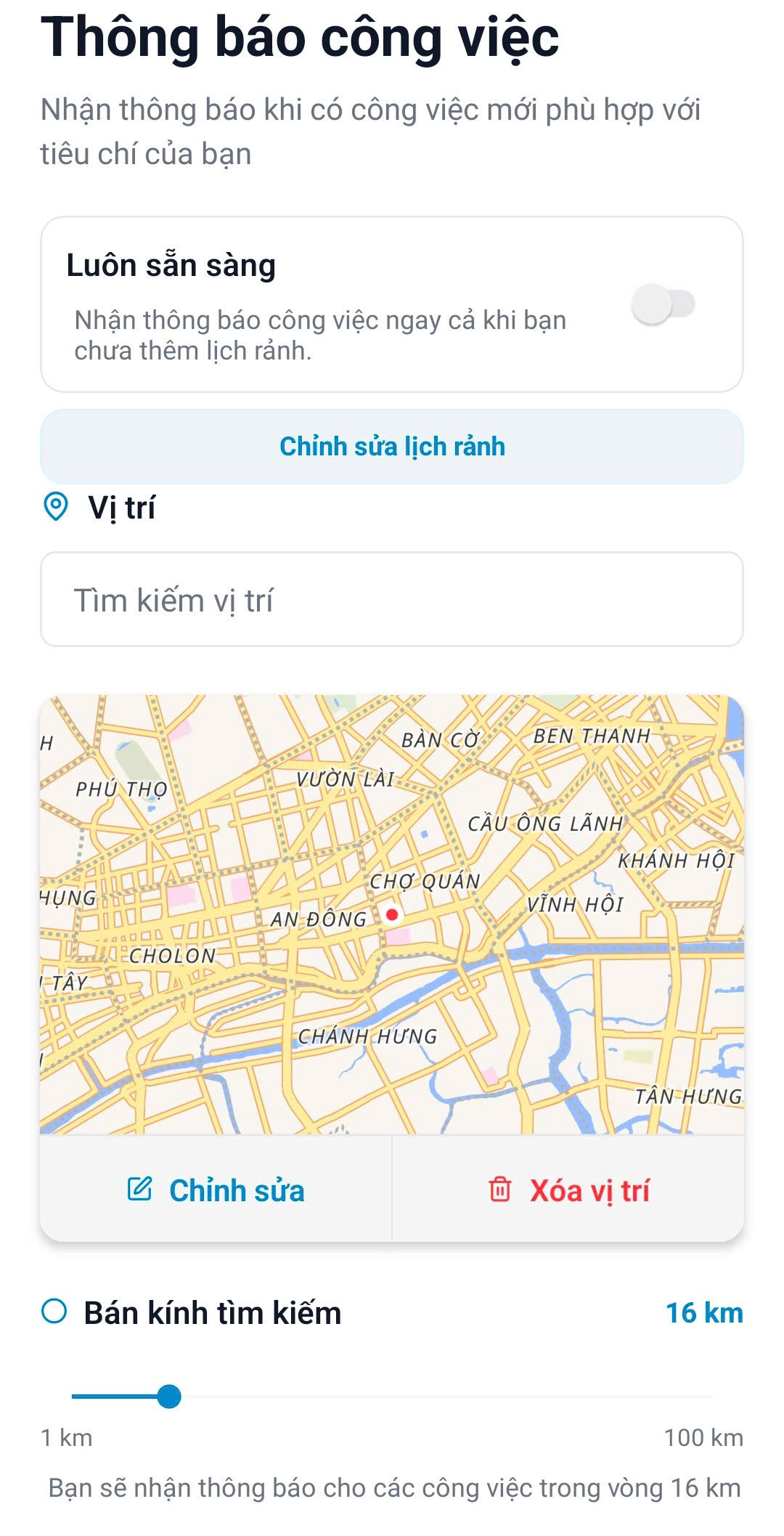 Màn hình cài đặt thông báo công việc với bản đồ và bán kính
