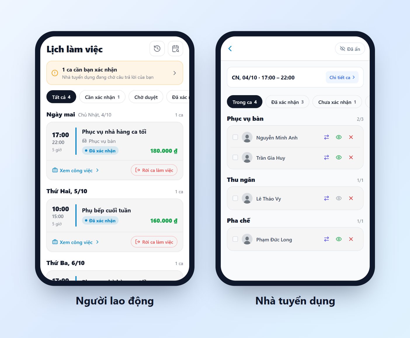 Lịch làm việc của người lao động và trang quản lý ca của nhà tuyển dụng trên JobFling